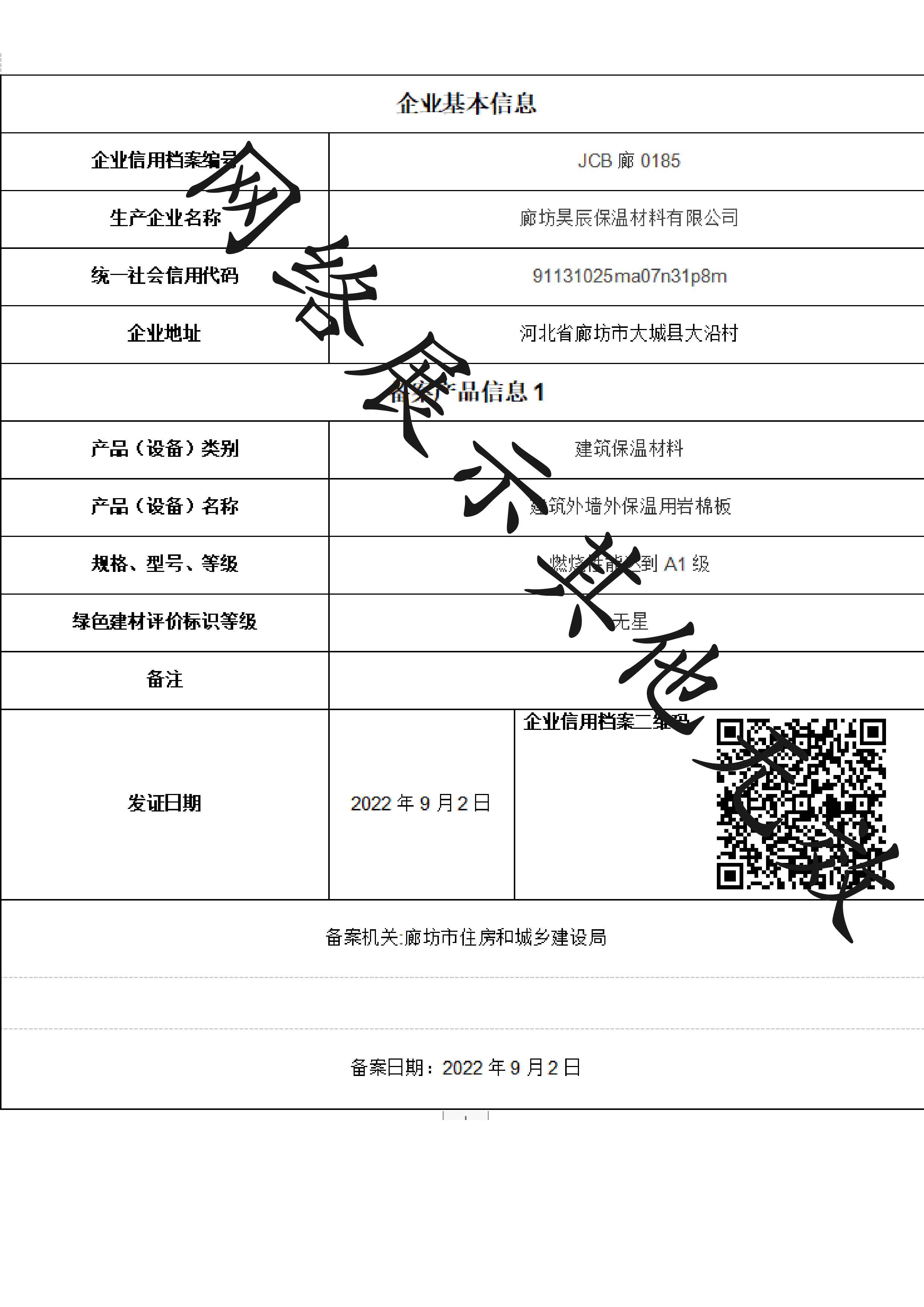 巖棉板備案證
